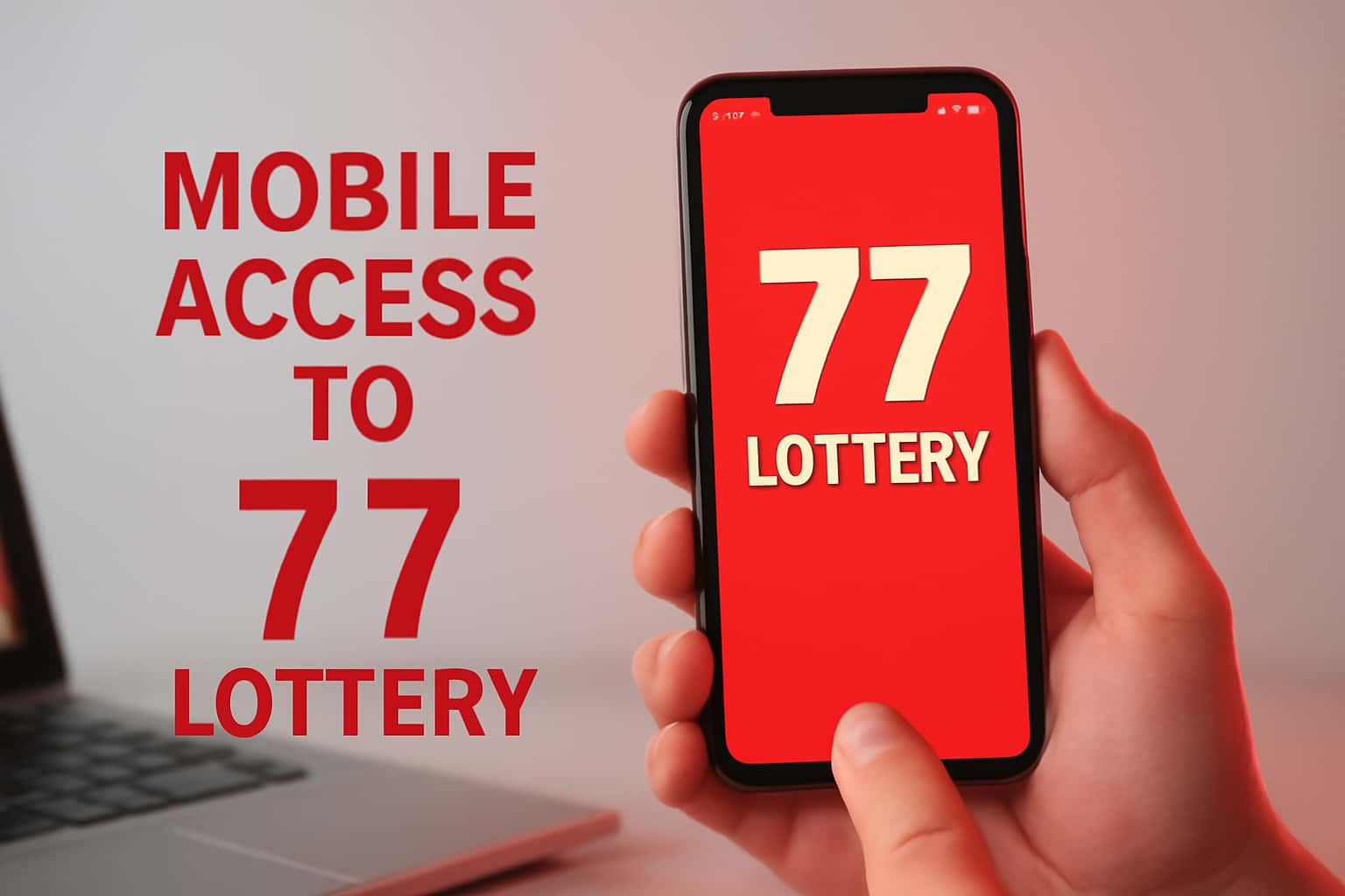 A futuristic scene illustrating mobile access to 77 Lottery services.
