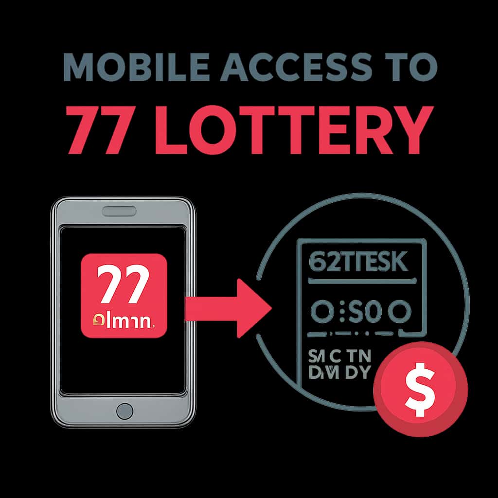 An educational illustration detailing mobile access features for 77 Lottery.